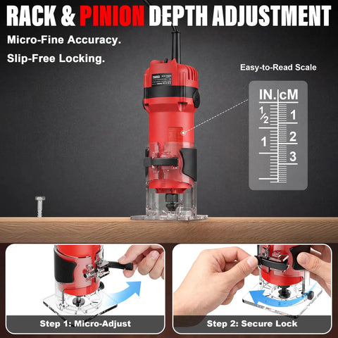 Powerful 6.5 Amp Compact Wood Router Tool For Woodworking With 6 Variable Speeds And 15 Piece Tungsten Carbide Bits, depth adjustment features.