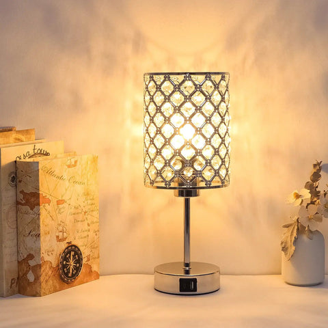 Crystal Bedside Lamp With Touch Control And USB C And USB A Ports 3 Way Dimmable Modern Table Lamp Small Nightstand Light