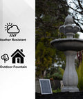 Tall White 44 Inch Fiberglass Resin Solar Water Fountain With Panel And Auto Shut Off Pump in a garden setting
