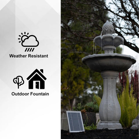 Tall White 44 Inch Fiberglass Resin Solar Water Fountain With Panel And Auto Shut Off Pump in a garden setting