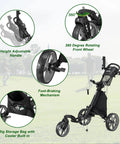Hardcore Lightweight Foldable Golf Push Cart With Zero Hassle Quick Release Frame And Smooth 360 Rotating Front Wheel adjustable handle features.