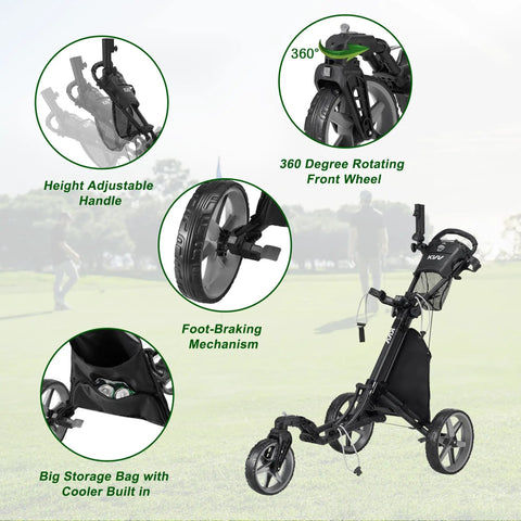 Hardcore Lightweight Foldable Golf Push Cart With Zero Hassle Quick Release Frame And Smooth 360 Rotating Front Wheel adjustable handle features.