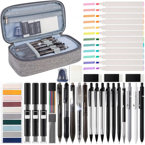 All In One College Stationery Gear With Large Pencil Case, Black Gel Pens, Bold Highlighters, Mechanical Pencils, Erasers