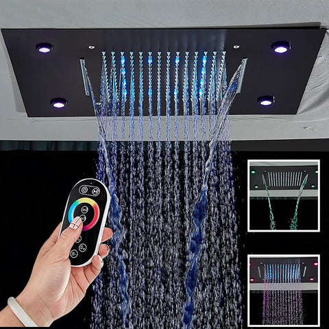 Straight Fire Black Shower System With Switchable Led Color Changing Lights And Wide Spray Rain Head Paired With Nifty Handheld Sprayer For Dang Smooth Diverter Valve Bathroom Flex showing LED lights and rainwater spray.
