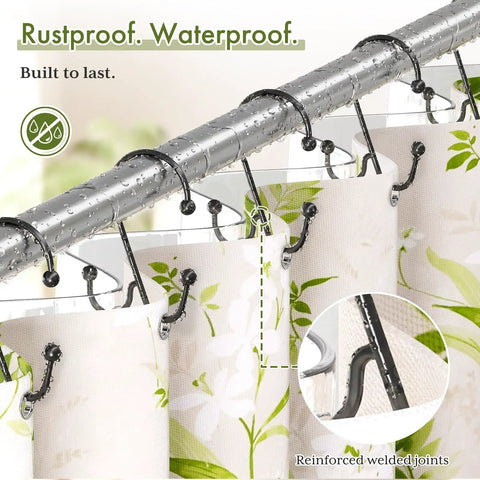 Double Shower Curtain Hooks For Curtain And Liner, Rustproof Metal Rings With Smooth Glide, 12 Pack on floral shower curtain