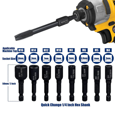 8 Piece M4 To M16 Screw Tap Socket Set With One Quarter Inch Hex Shank Quick Change Machine Tap Holder For Impact Driver