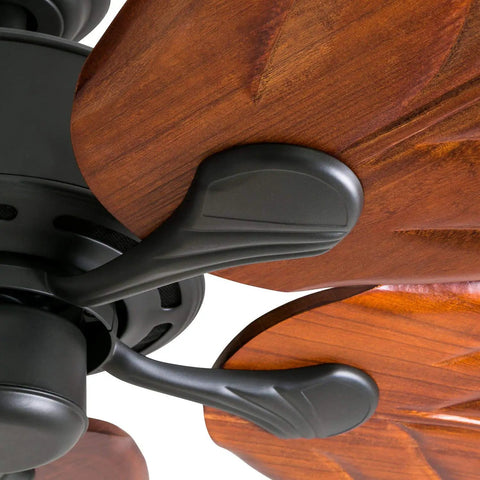 Close-up of hand-carved wooden leaf blades on 52 Inch Tropical Indoor Ceiling Fan With No Light And Pull Chain Three Mounting Options Hand Carved Wooden Leaf Blades In Bronze Finish Great For Medium To Large Rooms Up To 400 Sq Ft Big Room Breeze.