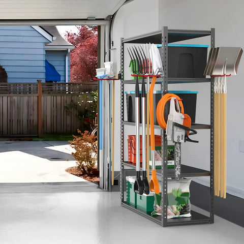 Wall Mount Garden Tool Organizer and Garage Space Saver Storage Rack For Shovels Rakes Brooms Ladders And Folding Chairs shown installed in garage.