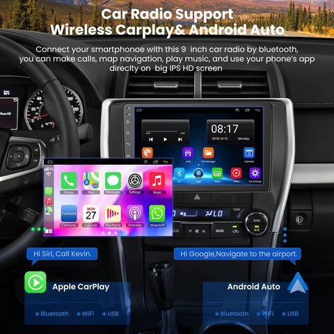 Camry 2015 2016 2017 Android 13 Car Stereo With 10.2 Inch Touch Screen Wireless CarPlay And Android Auto displayed on dashboard