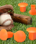 8 Pack Rubber Baseball Base Plugs For Field Ground Receptacles Orange Durable Anchors with baseball glove and bat on grass