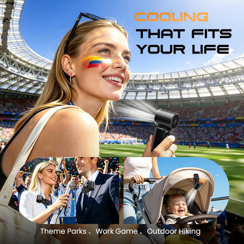 Portable Clip-On Mini Fan Handheld Turbo Breeze With 180 Degree Rotation 3000mAh Battery used outdoors at stadium