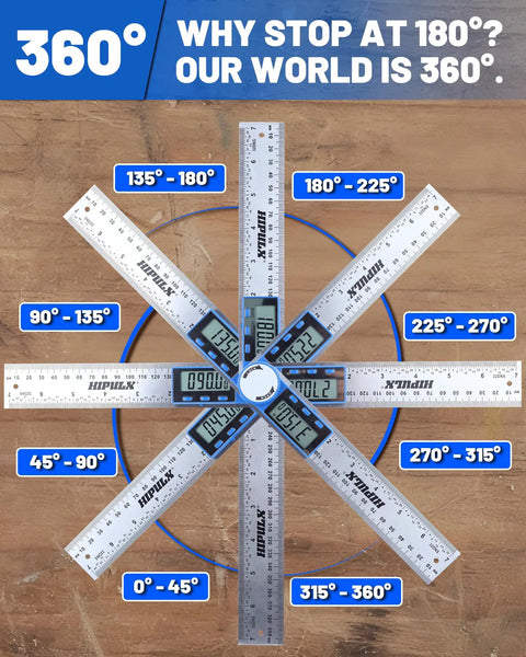 Slick 2 In 1 Digital Angle Finder Tool And Stainless Steel Ruler on wood, displaying measurements for 360 degree layouts.