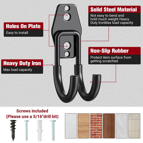 Solid steel heavy duty J hook with non-slip rubber for garage storage, including screws for installation on multiple surfaces.
