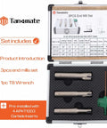 Tanomate nickel-plated 3-piece carbide end mill set in aluminum storage case; diameters 3/8, 1/2, 5/8 in, 3 in length