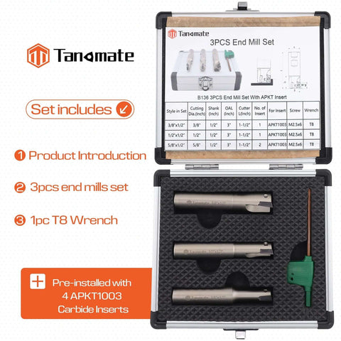 Tanomate nickel-plated 3-piece carbide end mill set in aluminum storage case; diameters 3/8, 1/2, 5/8 in, 3 in length
