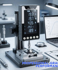 Six Way Testing Kit Digital 1000N Force Gauge With USB C Data Output N Kg Lb Units Push Pull Gauge For Tension And Compression Testing Battery Powered Includes Four Compression Platters Tension Hook And Extension Shaft on test stand