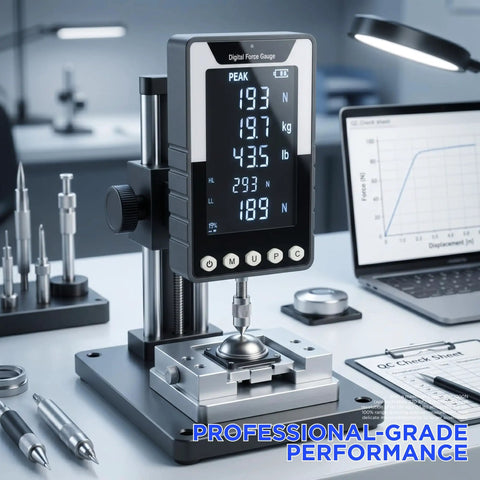 Six Way Testing Kit Digital 1000N Force Gauge With USB C Data Output N Kg Lb Units Push Pull Gauge For Tension And Compression Testing Battery Powered Includes Four Compression Platters Tension Hook And Extension Shaft on test stand