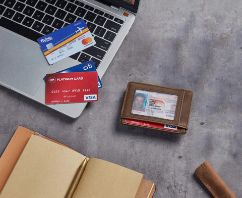Ultra Slim Wallet For Men With RFID Blocking 13.56 MHz, Front Pocket Money Clip, Minimalist Card Holder, Coffee Color on desk