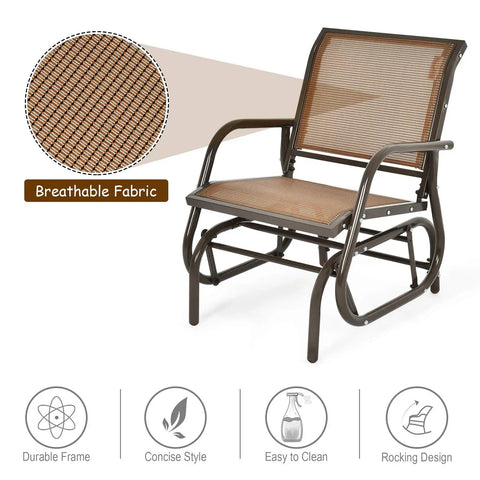 Cozy Brown Swing Glider Chair With Sturdy Metal Frame For Patio Garden Porch And Poolside Relaxation, showing breathable fabric detail.