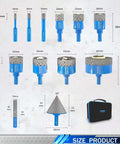 Front view of a 12-piece ZNXIMER diamond tile hole saw drill bit set in blue with gray diamond segments; sizes 6–65mm.