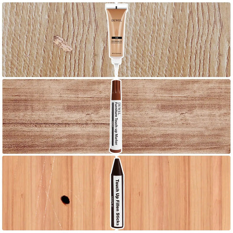 DIY Friendly Wood Repair Kit With 12 Color Fillers, 8 Color Markers, 8 Wax Sticks, showing application on wood surfaces