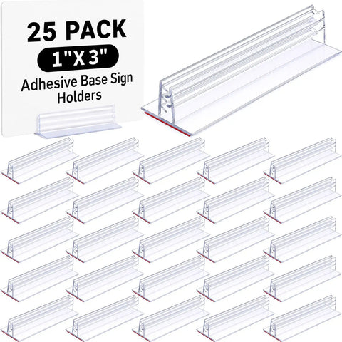 25 Pack Adhesive Base Sign Holders With Strong Backing For Counters And Shelves, Multipurpose Sign Displays For Restaurants, Retail And Warehouses, Easy Peel And Stick, 1 By 3 Inch clear PVC