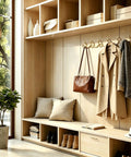 Heavy Duty Gold Wall Mounted Coat Rack With Sculpted Wavy Hooks Hanging a coat and bag in a modern entryway setting.