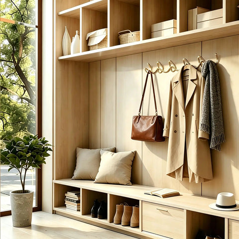 Heavy Duty Gold Wall Mounted Coat Rack With Sculpted Wavy Hooks Hanging a coat and bag in a modern entryway setting.