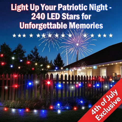 4Th Of July 95Ft 240LED Red White And Blue String Lights Extra Long Connectable Waterproof Twinkle Lights displayed on fence