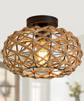 Dope Boho Semi Flush Mount Ceiling Light With Woven Hemp Rope Cage And Rattan Wicker Rustic Charm light fixture