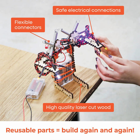 Epic STEM Kit For Kids Aged 8 To 10 Build Robots with laser cut wood and connectors on table hands-on project view