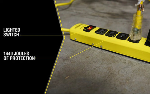 Beefy Metal Surge Protector Strip With Six Outlets And 15 Foot Yellow Cord, lighted switch, grounded design on concrete floor