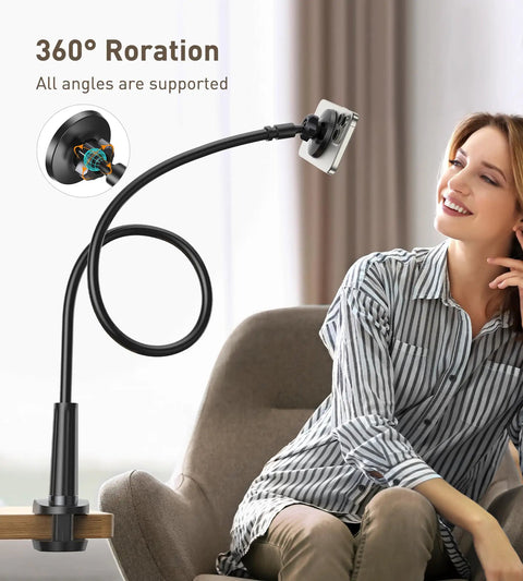 Woman using Magnetic Gooseneck Phone Holder Mount for iPhone 17 16 15 14 13 12 With 360 Degree Rotation Tabletop Clamp