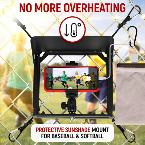 Fence Mount For Cell Phone With Shade And Power Bank Pouch Outdoor Phone Holder Kit That Reduces Glare Keeps Screen Visible And Cool No Fuss Easy Install For Deck Or Fence Rail Game Changer Mounting Kit on chain-link fence with phone and power bank pouch