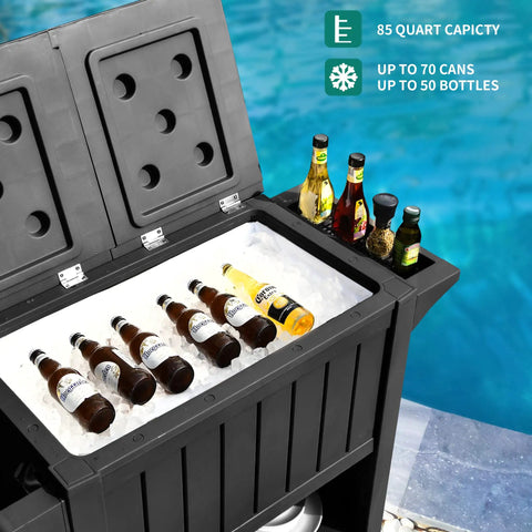 85 Quart Wheel Cart Cooler For Patio And Pool Deck Party Outdoor Beverage Station with open ice chest and bottle opener