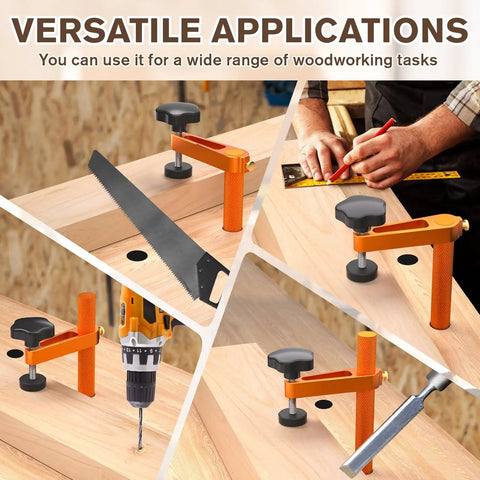 Pro Grade Adjustable Height Bench Clamp For Woodworking Fits Three Quarter Inch Dog Holes Aluminum Alloy Holdfast shown in use