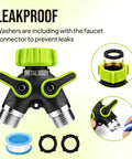 Heavy Duty 2 Way Hose Splitter Built Tough Metal Y Connector With No Fuss Shutoff Valves For Spigot Brass Outdoor Faucet Adapter Three Quarter Inch GHT Water Hose Connector Green with leakproof washers