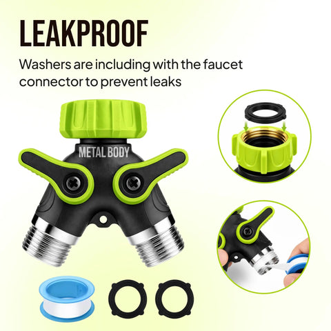 Heavy Duty 2 Way Hose Splitter Built Tough Metal Y Connector With No Fuss Shutoff Valves For Spigot Brass Outdoor Faucet Adapter Three Quarter Inch GHT Water Hose Connector Green with leakproof washers