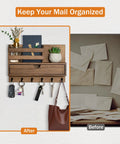 Wall Mount Key And Mail Organizer With Six Hooks And A Storage Drawer Wooden Key Rack With Shelf For Entryway And Home Decor Easy To Install With Screws Or Adhesives No Drill Option, shown fully installed and in use holding keys and mail.