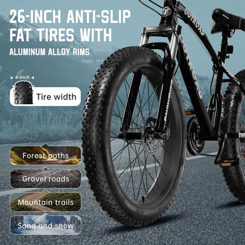 26 Inch Fat Tire Mountain Bike With 21 Speed Drivetrain featuring 4 inch anti-slip fat tires on aluminum alloy rims for all terrains