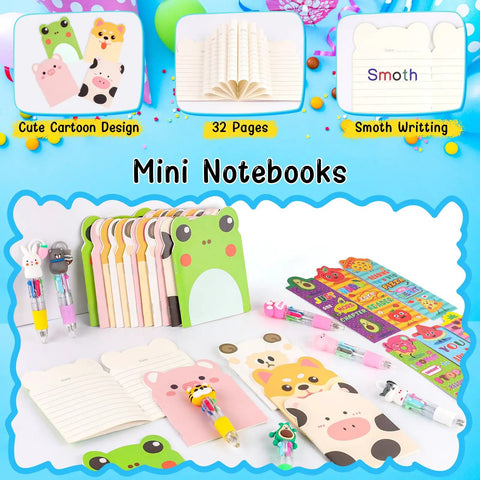 All In One Stationery Party Pack For Kids With 24 Goodie Bags Mini Notebooks Multicolor Pens Slap Bracelets Motivational Bookmarks Tattoos Classroom Gifts Class Rewards And Prizes featuring mini notebooks with animal designs and pens