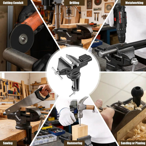 Beefy Three Inch Bench Vise With 360 Degree Swivel Base Clamp On Heavy Duty Cast Iron Vise for woodworking and metalworking tasks.
