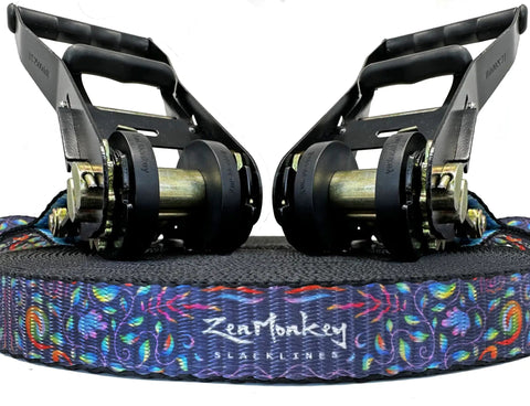 1 Inch Slackline Kit With Dual Ratchet System 82 Foot Jungle Line Webbing Two Tone Design close-up showing ratchets and webbing