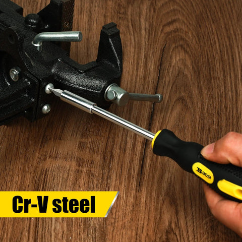 Close-up of a screwdriver from a 158 Piece Home Tool Set With Durable Chrome Finish Tools And Easy Carry Round Pouch