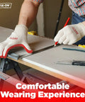 Non Slip Work Gloves For Construction And Garden With Red Latex Cotton And Nitrile Palm Coating in use, cutting board