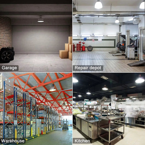 100W LED Corn Bulbs 12000 Lumens in garage, repair depot, warehouse, and kitchen lighting settings