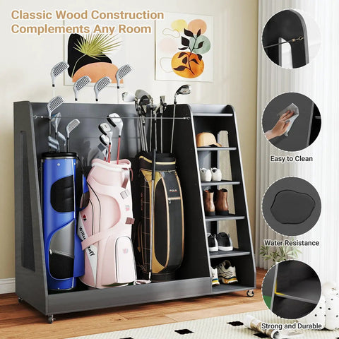 Wooden Golf Bag Organizer With Wheels For Garage And Home Use Holds 3 Golf Bags And Gear Durable Gray Storage Rack