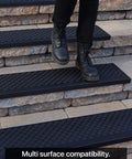 Person stepping on Grippy Rubber Stair Treads Non Slip Outdoor 35x10 Inches 5 Pack Anti Slip Step Mats with Nosing on stone steps