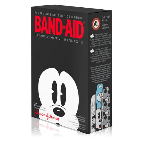 Fun Mickey Mouse Themed Bandage Set For Kids With 20 Count Of Assorted Adhesive Strips, black box with Mickey Mouse design