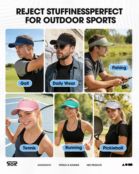 Collage of people wearing Mesh Breathable Sports Visor for Men and Women Adjustable All Day Lightweight Quick Dry Sun Hat